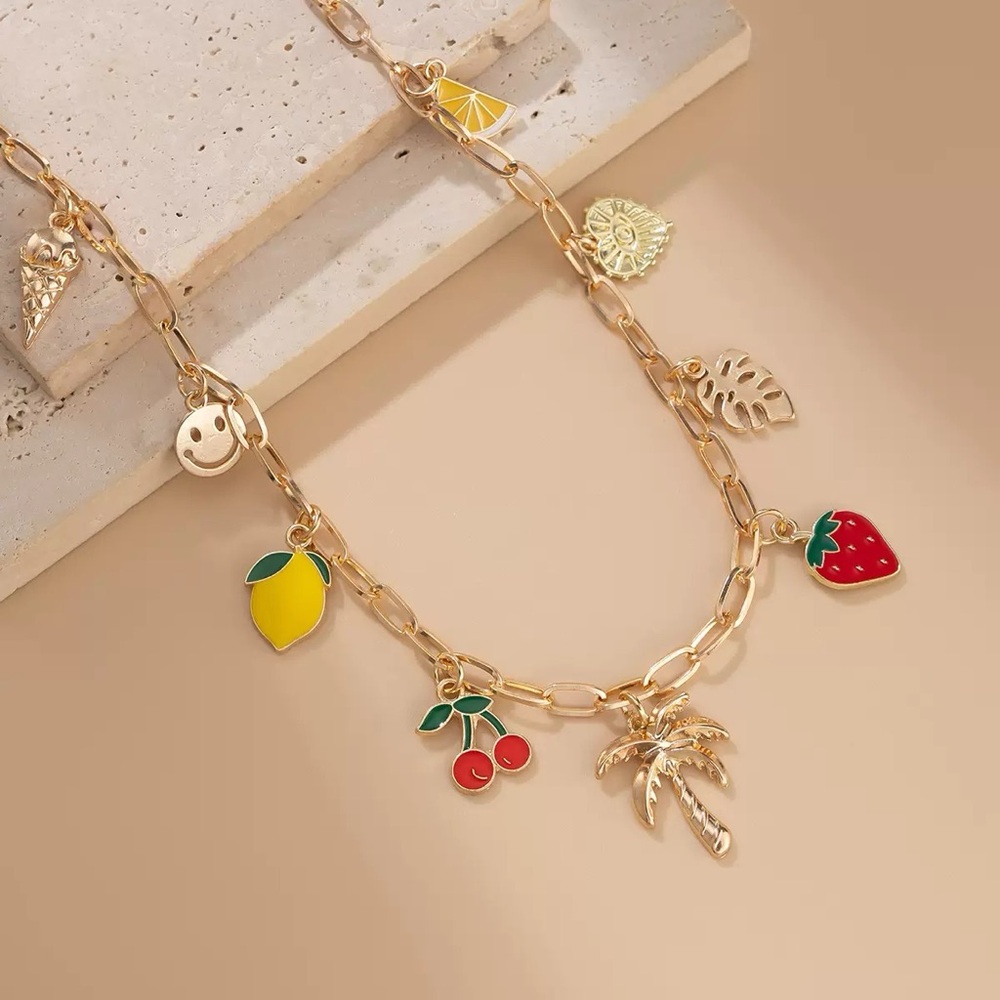 Gold Fruit Charm Necklace with Red & Yellow Enamel Charms